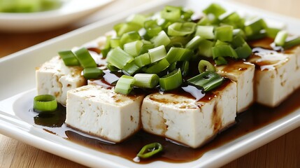 Preparing Tofu with Green Onions and Sauce on a Plate