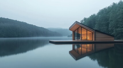 Fototapeta premium Tranquil Lake House Retreat: Modern Architecture on Still Water