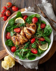 Grilled chicken and lentil salad with spinach, cherry tomatoes, and lemon slices