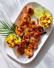 Grilled shrimp skewers with mango salsa and lime on a white platter