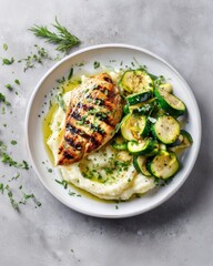 Grilled chicken breast with mashed potatoes and sautéed zucchini on a plate