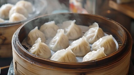 Steaming Dumplings in Bamboo Steamer Basket Close Up