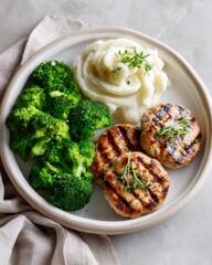 Grilled chicken patties with mashed potatoes and broccoli on a plate