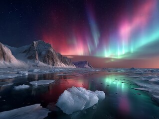 Stunning arctic northern lights over icy landscape at night