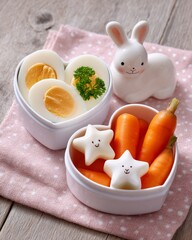 Cute heart-shaped snack box with boiled eggs and carrots decorated with star cheese