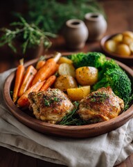 Roasted chicken thighs with vegetables on wooden plate