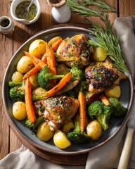Roasted chicken with vegetables and herbs on rustic wooden table