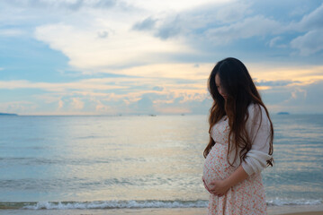 Young pregnant woman walk on the beach for relaxing