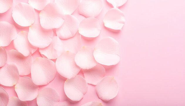Delicate pale pink rose petals cascade across a soft pink backdrop, a romantic floral design