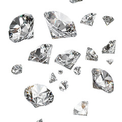 A collection of scattered diamonds floating in the air, each diamond is isolated on a white background with margins PNG
