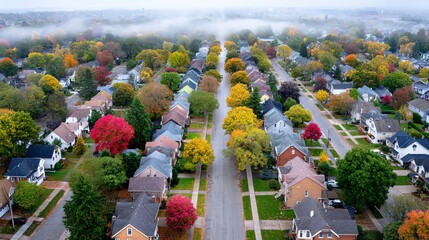 Aerial view of colorful suburban street in misty autumn landscape