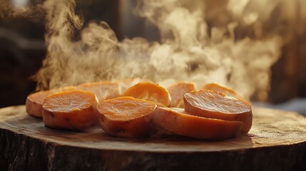 Steaming Sweet Potato Slices on Wooden Board Ready to Eat