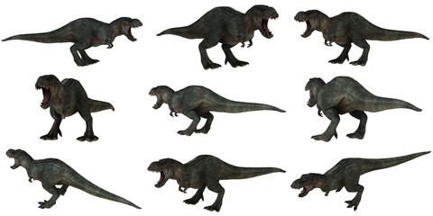 Roaring T-Rex dinosaurs in dynamic poses.