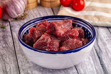 Raw beef meat cubes pieces