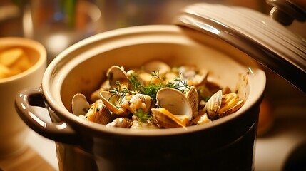 Serving Pot of Steamed Clams with Herbs Ready to Eat