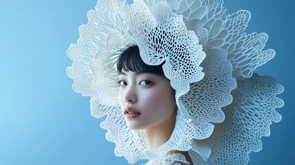 The girl is a model with an intricate avant-garde hairstyle resembling flower petals.