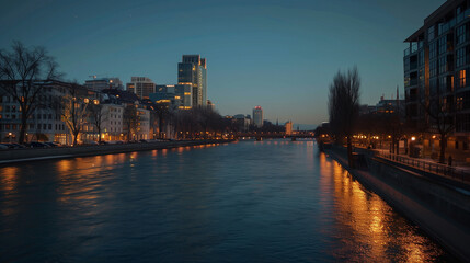 Twilight serenity by the urban river, where water mirrors the fading day