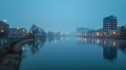 Naklejka premium Twilight serenity by the urban river, where water mirrors the fading day