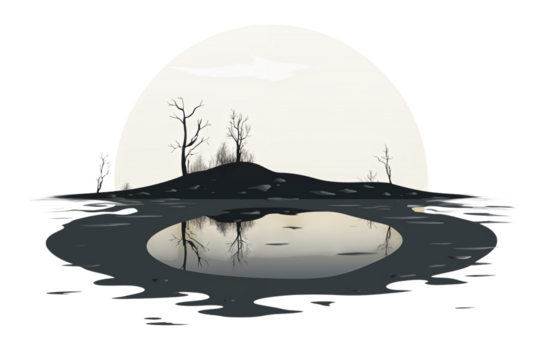 Serene Nightscape: Minimalist Moonlit Pond Illustration on transparent background png