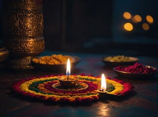 Burning Oil Lamps and Colorful Powder for Hindu Festival Decoration