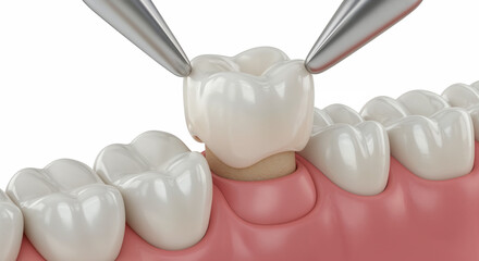 Photorealistic 3D Render of Zirconium Dental Crown Placement on Prepared Tooth Stump
