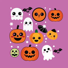 cute Halloween element Icons collection with pumpkins and ghosts.