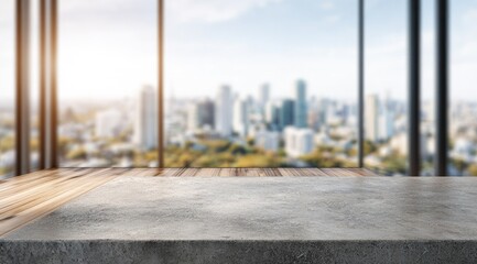A blurred cityscape viewed through large windows is the backdrop for a concrete and wood surface, ideal for product display or composition