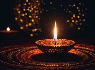 Glowing Diwali Oil Lamp Illuminating a Decorative Carpet With Festive Bokeh Lights