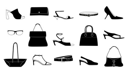 A collection of shoes and accessories in the form of black silhouettes on a white background, demonstrating trends in design and fashion aesthetics.