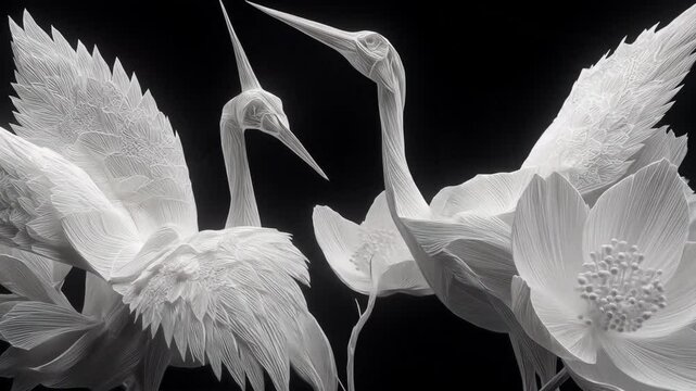 White Cranes  Lotus with Dark Background.