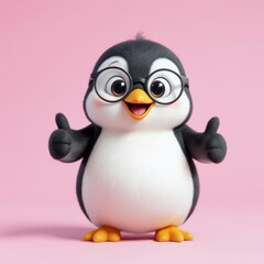 Obraz premium Happy Penguin Giving Thumbs Up with Glasses on Pink Background