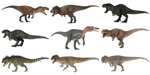 Collection of diverse dinosaur models on white background.