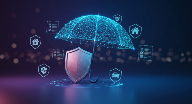 Insurance technology umbrella and shield illustration