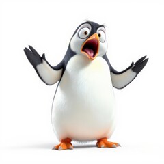 Obraz premium Cartoon Penguin Shouting with Arms Up on White Background