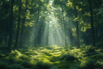 Fototapeta premium Light Filtering Through Tall Trees in a Serene Forest