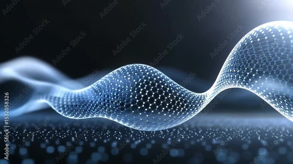 Poster Abstract Waveform in Motion: A mesmerizing digital depiction of a flowing waveform, with particles floating in a dynamic display of data and connection, and with visual representation of a network. 