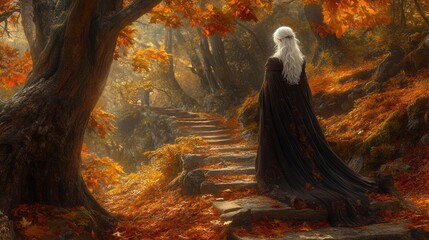 A woman with white hair stands by an old stone path in a park surrounded by ancient oak trees, with a carpet of fallen leaves covering the ground.