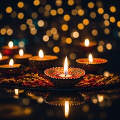 Diwali Celebration with Glowing Oil Lamps and Scattered Flower Petals