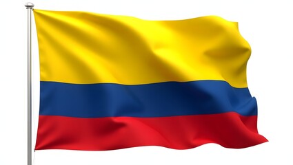 Fototapeta premium Photorealistic Colombian flag with horizontal yellow, blue, and red stripes. Realistic fabric folds and texture. Isolated on white background.