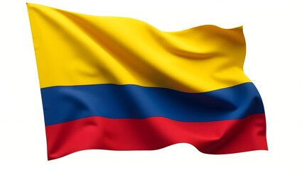 Naklejka premium Photorealistic Colombian flag with horizontal yellow, blue, and red stripes. Realistic fabric folds and texture. Isolated on white background.