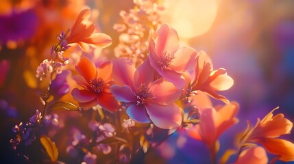 Blooming Flowers with Sunlight Glow in Artistic Style
