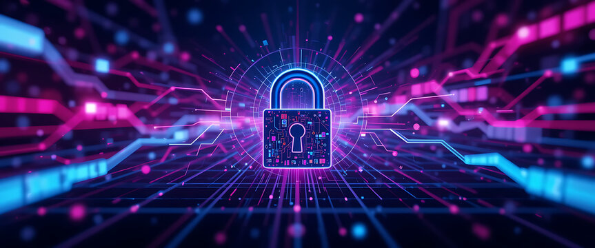 abstract cyber protection theme network style dark purple, pink, and blue gradient blending background with digital 3d lock in the middle, burning sparkling lights in every points,