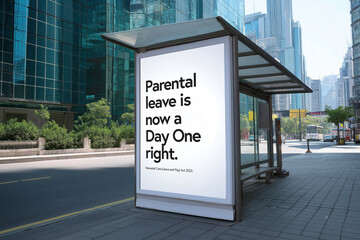 Bus stop advertising mockup with parental leave campaign poster in modern city