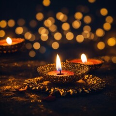 Golden Diwali Oil Lamps Displayed Against a Bokeh Light Backdrop