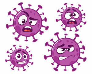 Vector illustration collection of COVID-19 virus emoticons with expressive angry and frightening faces, isolated on white background.