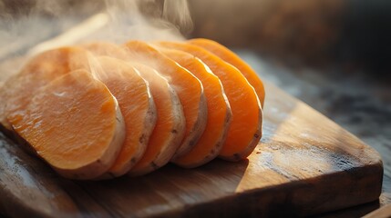 Slices of Sweet Potato Steam on Wooden Board
