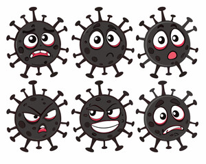 Vector set of coronavirus emojis with expressive faces, including angry and scary looks, isolated on white for medical and digital use.