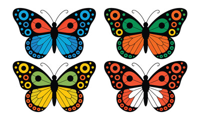 Set of colorful cartoon butterflies with symmetrical dotted wings on white background
