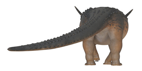 Rear view of a horned dinosaur with spiked tail.
