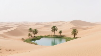 Desert Oasis with Palm Trees and Distant Mountains